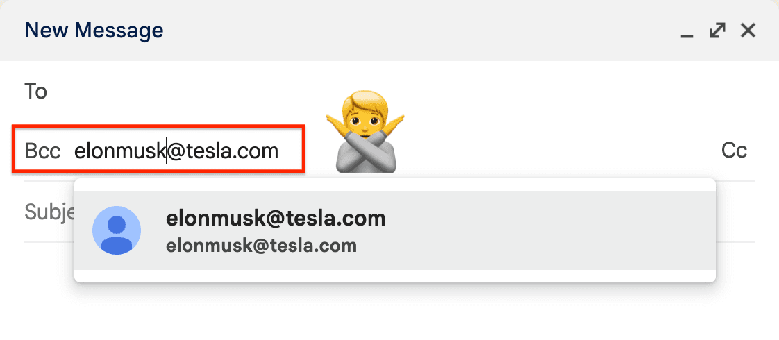 Gmail compose window with many addresses pasted into the BCC field